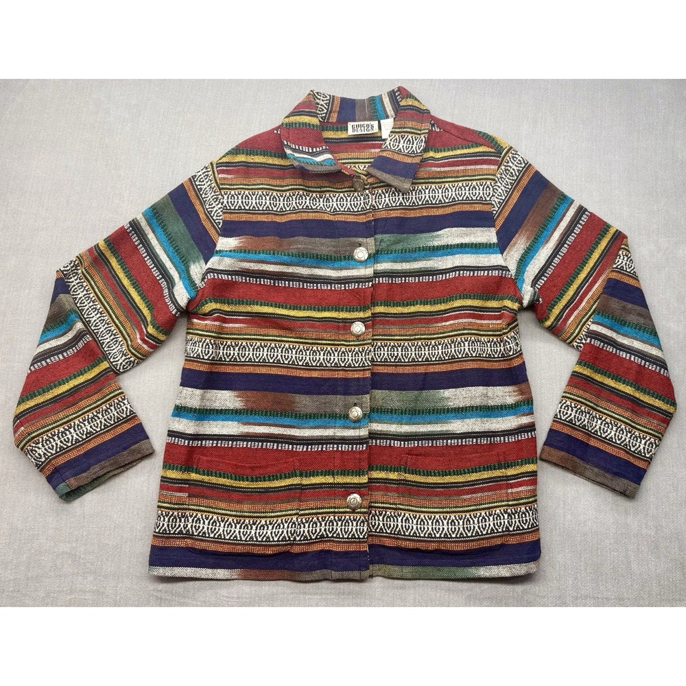 Vintage Chico's Design Twill Southwestern Rainbow Stripe Jacket Women's 2 Cotton